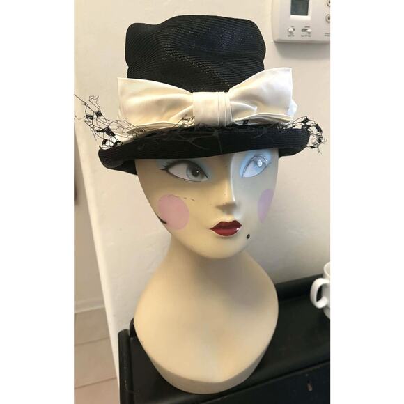 Vintage 1960s Cherry & Webb Black Straw Dress Hat Satin Cream Ribbon Netting main image 6